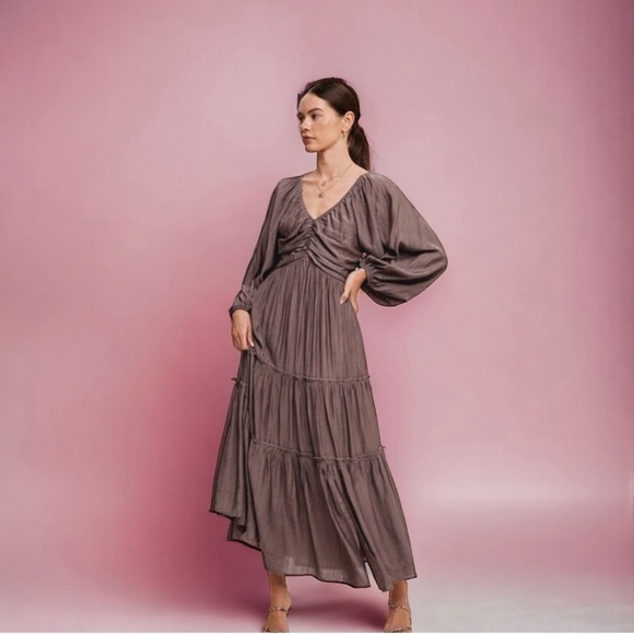 157- Brown V Neck Tiered Maxi Dress - Picture 2 of 12